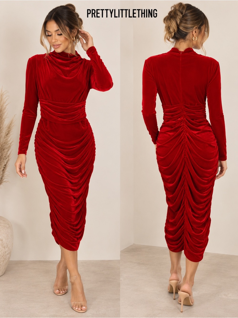PrettyLittleThing Red Velvet Cowl Neck Ruched Midi Dress Size 8